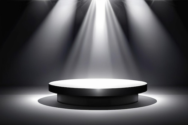 Czarny abstrakcyjny stół na scenie z wiązkami świetlnymi i cieniami pusty podium