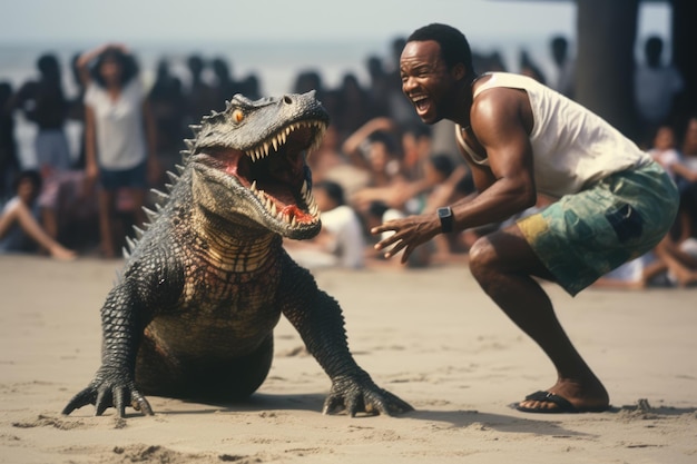 Czarny Afrykanin walczący z komiczną sceną walki z gadem krokodylem iguaną dinozaurem