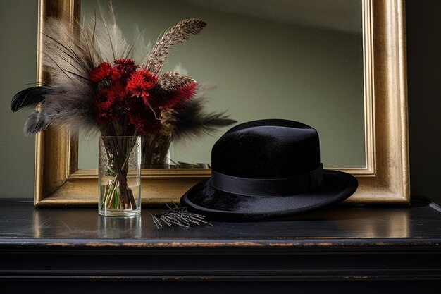 Zdjęcie czarny aksamitny kapelusz z piórem na nowoczesnym szklanym stoliku