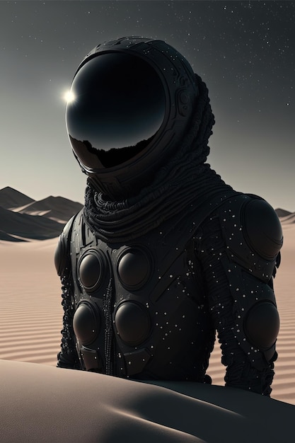 Czarny astronauta na pustyni, na której świeci słońce.