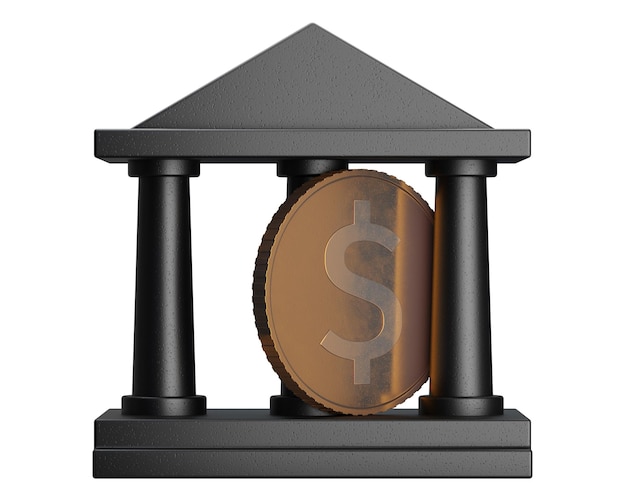 Czarny budynek banku z kolumnami i monetą ze znakiem dolara