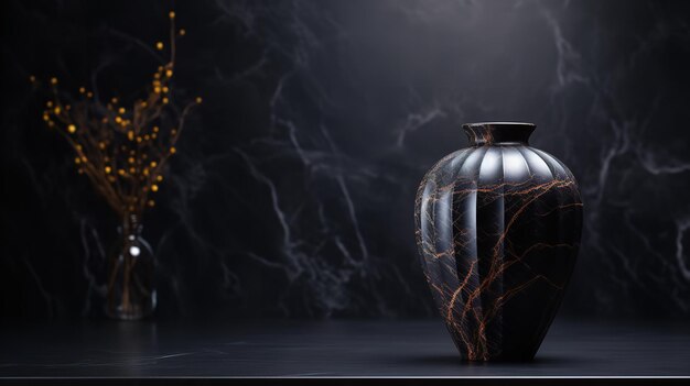 Czarny ceramiczny wazon stoi na marmurowym stole na tle czarnego marmuru Generative AI