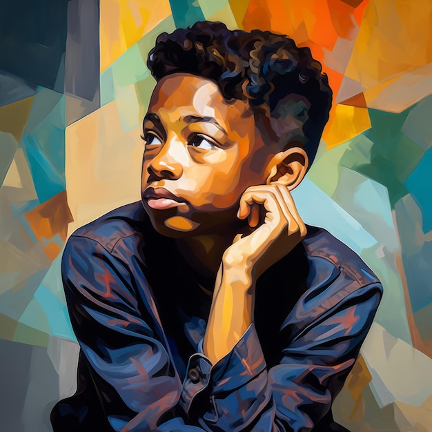 Czarny chłopiec w myśleniu i wątpliwościach przedstawia ilustrację namalowaną olejem Mężczyzna z marzoną twarzą na abstrakcyjnym tle Ai wygenerował akrylowy płótno jasny plakat
