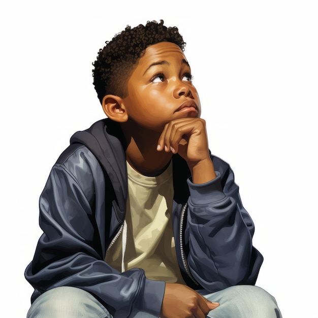 Czarny chłopiec w myśleniu i wątpliwościach stanowi fotorealistyczną ilustrację Męska postać z marzycielską twarzą na abstrakcyjnym tle Ai wygenerował realistyczny jasny plakat
