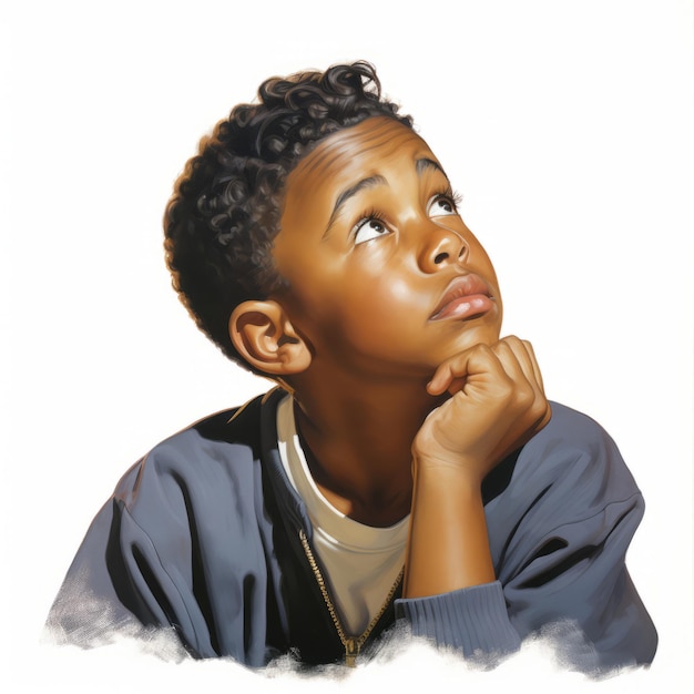 Czarny chłopiec w myśleniu i wątpliwościach stanowią miękką kolorową ilustrację retro Młody męski charakter z marzycielską twarzą na abstrakcyjnym tle Ai wygenerował jasny plakat vintage