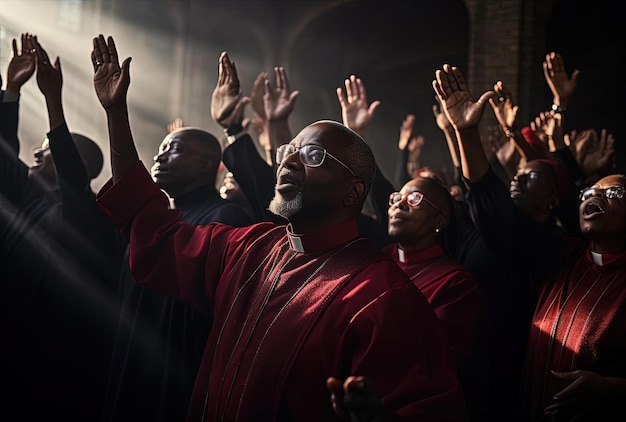czarny chór katolicki śpiewa z rękami w górze w sali w stylu srebrnym i maroonowym