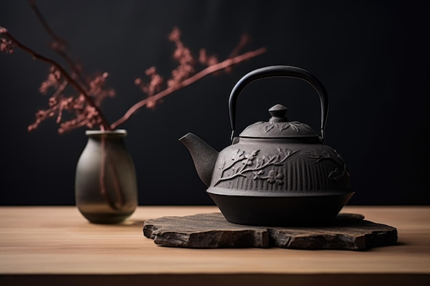 Zdjęcie czarny czajnik siedzący na drewnianym stole