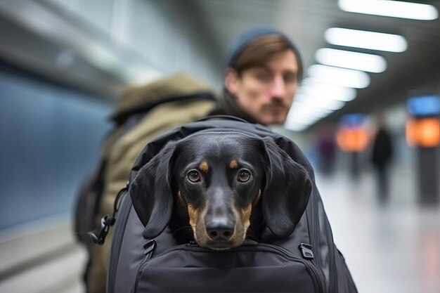 Czarny dachshund w plecaku na peronie metra