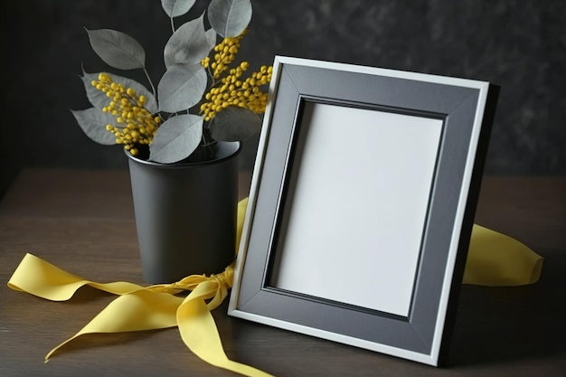 Czarny drewniany stół jest zwieńczony żółtą ramką na portret lub fotografię z napisem Świeżo biała kartka jest oprawiona w jasnożółtą ramkę dla Twojego projektu Układ świąteczny