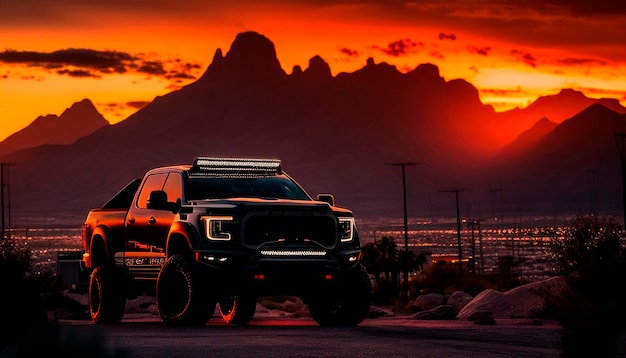 Czarny ford bronco 2020 jest zaparkowany przed górą o zachodzie słońca