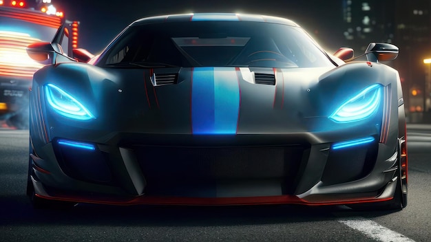 Czarny ford gt z niebieskimi paskami z przodu.