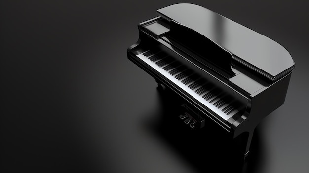 Czarny fortepian na ciemnym tle, fortepian błyszczący, a klawisze białe.