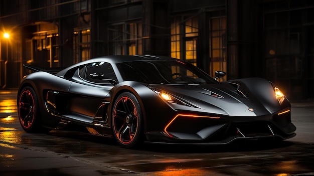 Czarny futurystyczny super samochód w estetycznym tle reflektorów