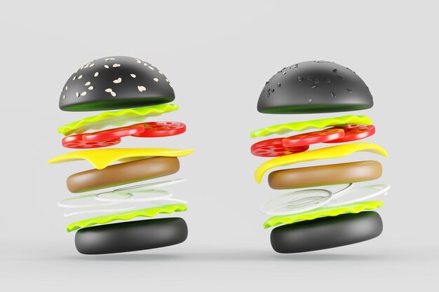 Czarny hamburger lub hamburger ruch much z składnikami z ikonami renderowania 3D Izolowane fast food z chlebem mięsem serem sałatką pomidorową cebulą Cheeseburger z białą i czarną ilustracją sezamu 3D