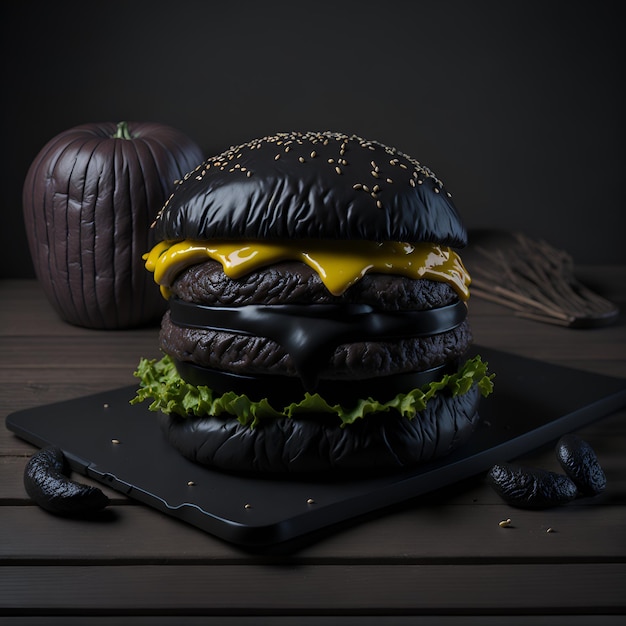 Czarny hamburger z serem na wierzchu i dynią na boku.