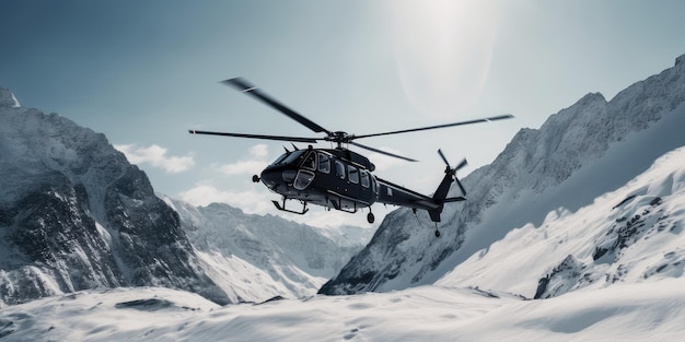 Czarny helikopter w zimowych górach