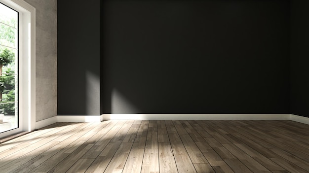 Zdjęcie czarny i betonowy wystrój wnętrza pustego pokoju z drewnianą podłogą renderowania 3d