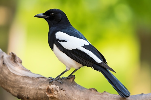 czarny i biały ptak siedzący na gałęzi