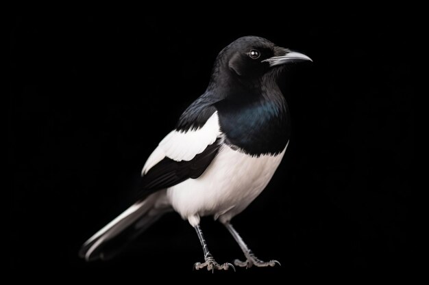 Zdjęcie czarny i biały ptak stojący na czarnej powierzchni