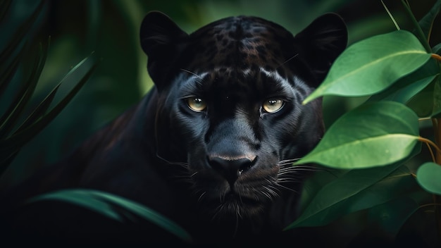 Czarny jaguar jest wśród liści dżungli.
