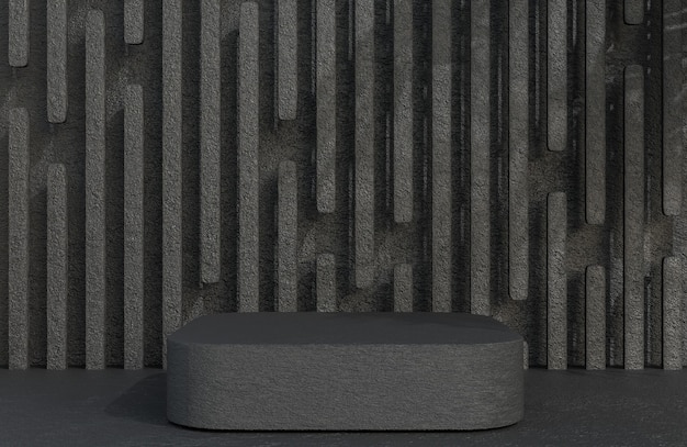 Czarny kamień kwadratowy podium do prezentacji produktu na tle kamiennej ściany luksusowy styl., model 3d i ilustracja.