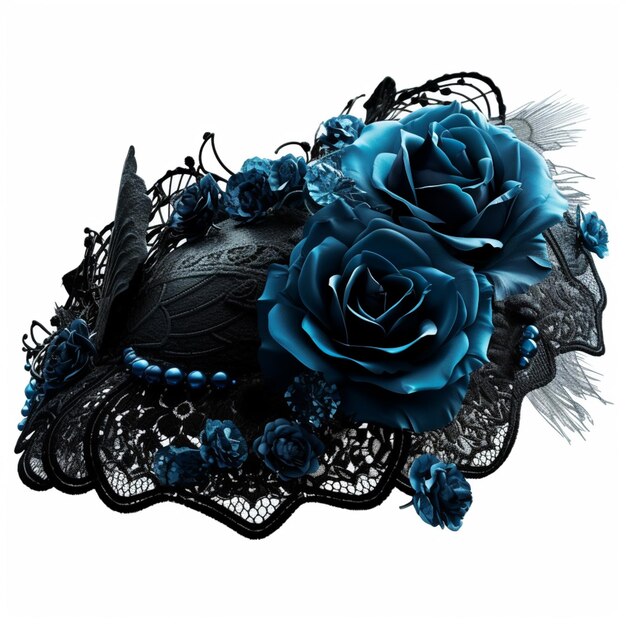 Czarny kapelusz z niebieskimi różami i piórami