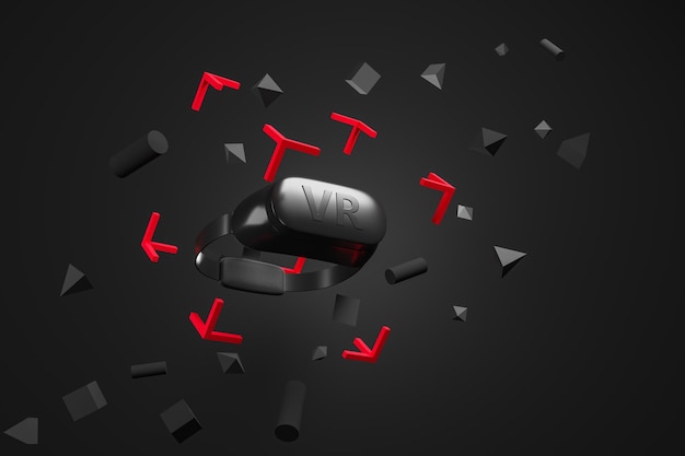 Zdjęcie czarny kask vr czerwona kostka rama czarne tło koncepcja przyszłości technologia wirtualnej rzeczywistości 3d render