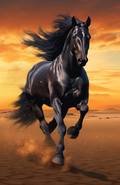 Czarny koń biegający po pustyni Czarny koń biegający o zachodzie słońca wygenerowany obraz wysokiej jakości obraz wygenerowany przez ai