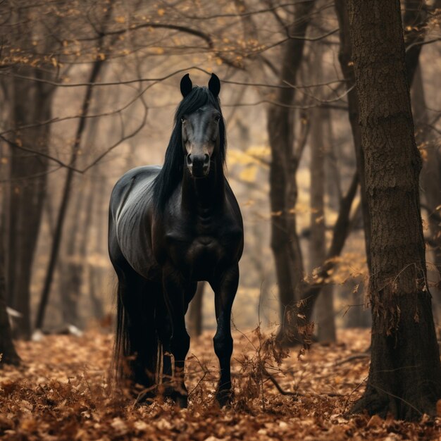 Czarny koń biegnie przez pole z drzewami w tle Ai wygenerował sztukę
