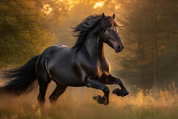 Czarny koń galopujący na zielonym polu pod zachodzącym słońcem majestatyczny i pewny siebie generatywny IA