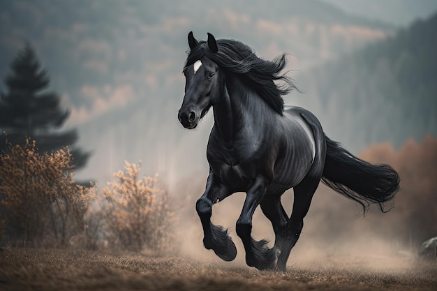 Czarny koń galopujący po wsi Majestic i wolny generatywny IA