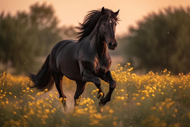 Czarny koń galopujący swobodnie na kwiatowym polu o zmierzchu generatywny IA