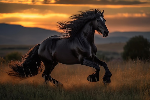 Czarny koń galopujący w polach górskich w tle generatywnym IA