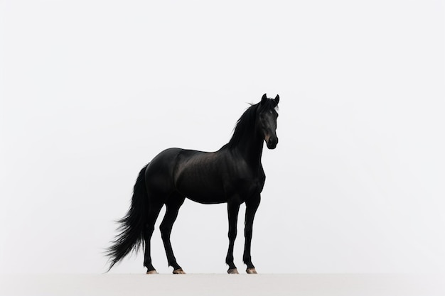 Czarny koń stoi na białym mglistym niebie.