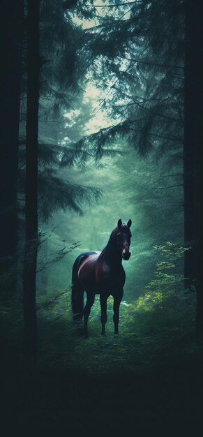 Czarny koń stojący ciemny las ai wygenerowany obraz wysokiej jakości ai wygenerowane zdjęcie