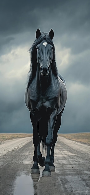Czarny koń stojący na pustej drodze ai wygenerowany obraz wysokiej jakości ai wyprodukowany obraz