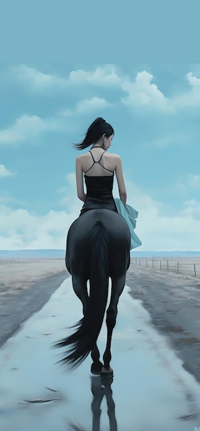 Czarny koń z dziewczyną wygenerowany przez AI w wysokiej jakości
