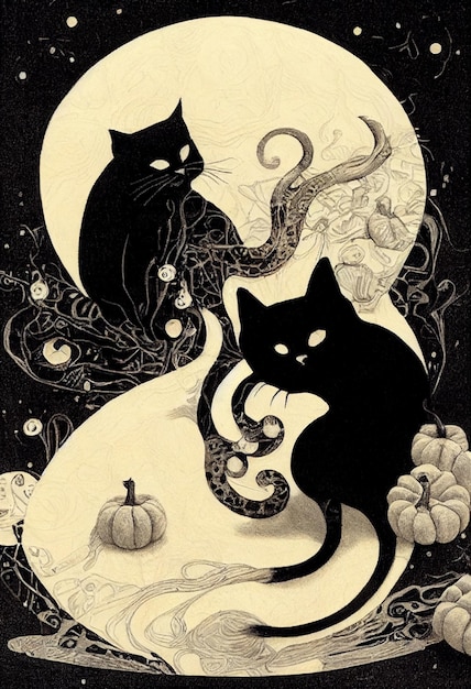 Czarny kot i dynia na księżycu z tytułem „halloween”