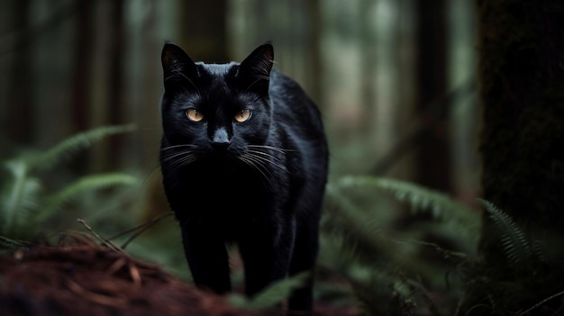 Czarny kot idzie przez las.
