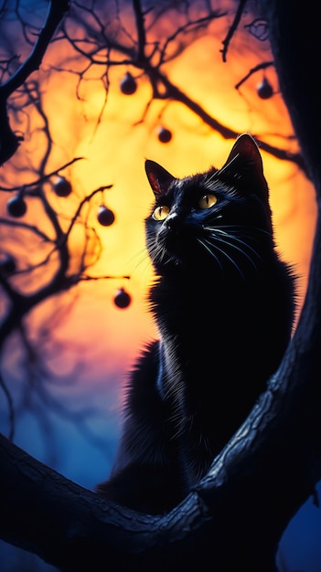 czarny kot kot siedzący na drzewie patrzący na niebo tło halloween eleganckie metalowe uszy magiczna godzina