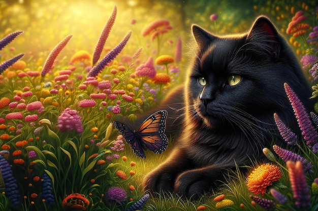 Czarny kot leży na polu kwiatów z motylem w pobliżu