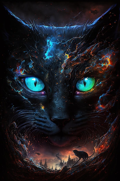 Zdjęcie czarny kot o niebieskich oczach i świecących zielonych oczach