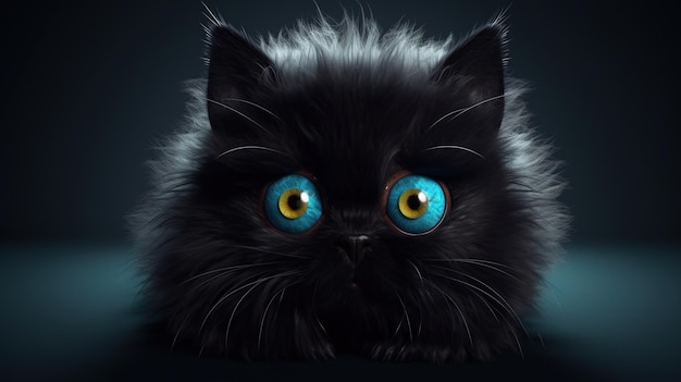 Czarny kot o niebieskich oczach siedzi na ciemnym tle.