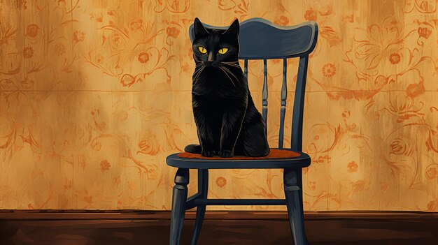 Czarny kot siedzi na czarnym krześle, które wygląda jak na plakatie Ai wygenerowanej sztuki