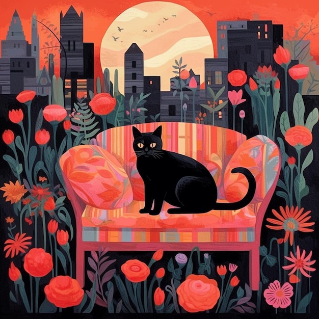 Czarny kot siedzi na krześle w generatywnej ai miasta