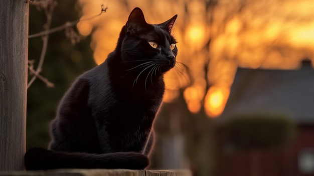 Czarny kot siedzi na ścianie przed zachodem słońca.