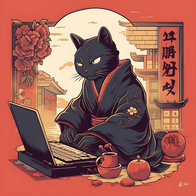 Czarny kot w czarnym kimonie pracuje na laptopie.