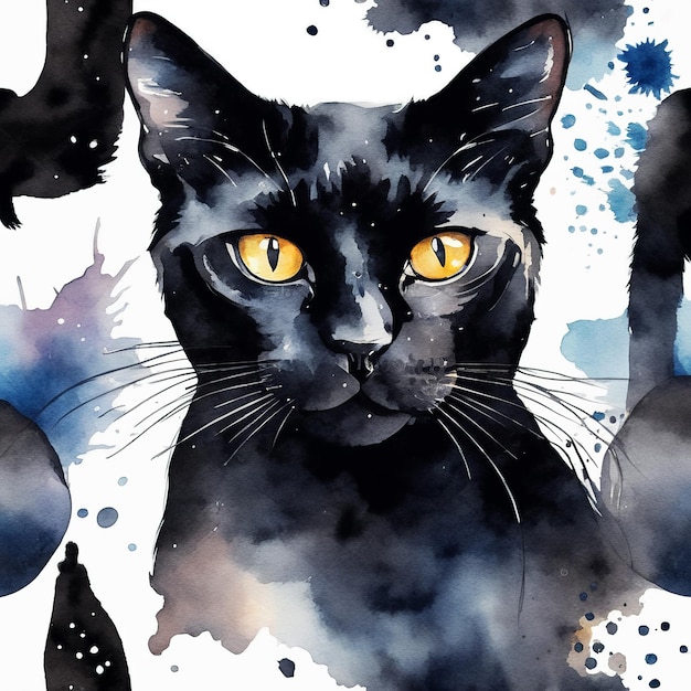 Czarny kot z czarnymi plamami Akwarela ręcznie malowana izolowana ilustracja
