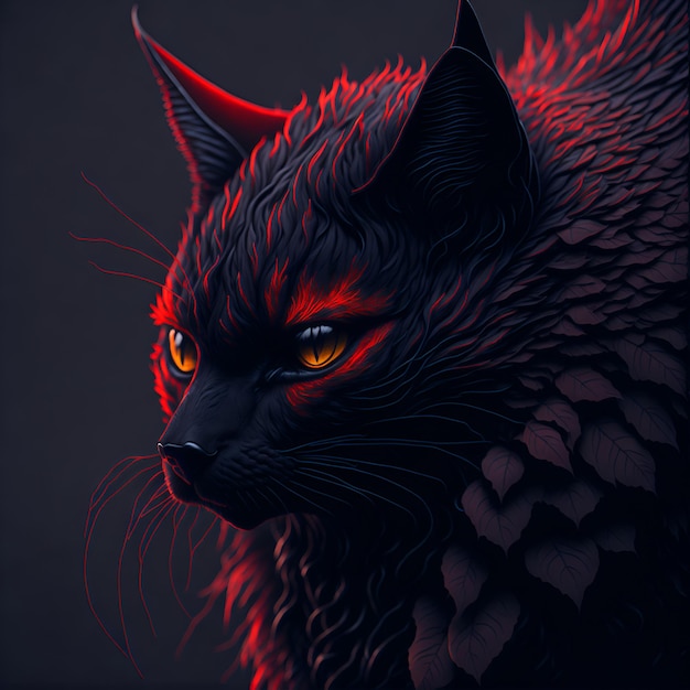 Czarny kot z czerwonymi oczami i czarny kot z żółtymi oczami.