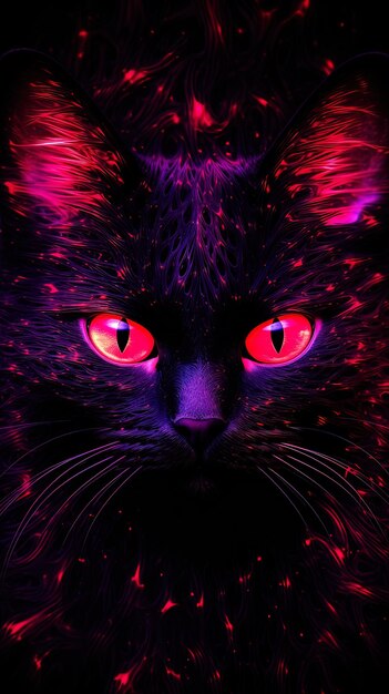 czarny kot z czerwonymi oczami i fioletowym tłem